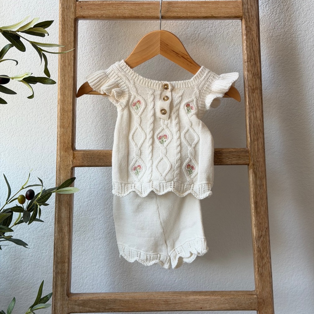 Cream Knit Baby Outfit with Floral Details